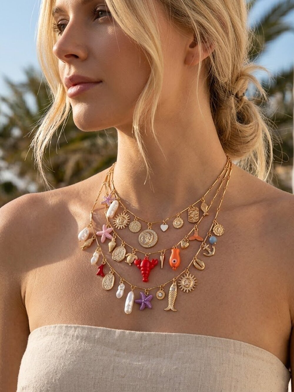 🌟 Gold Multi Strand Sea Charm Choker Necklace | Lobster Starfish Pearl Nautical